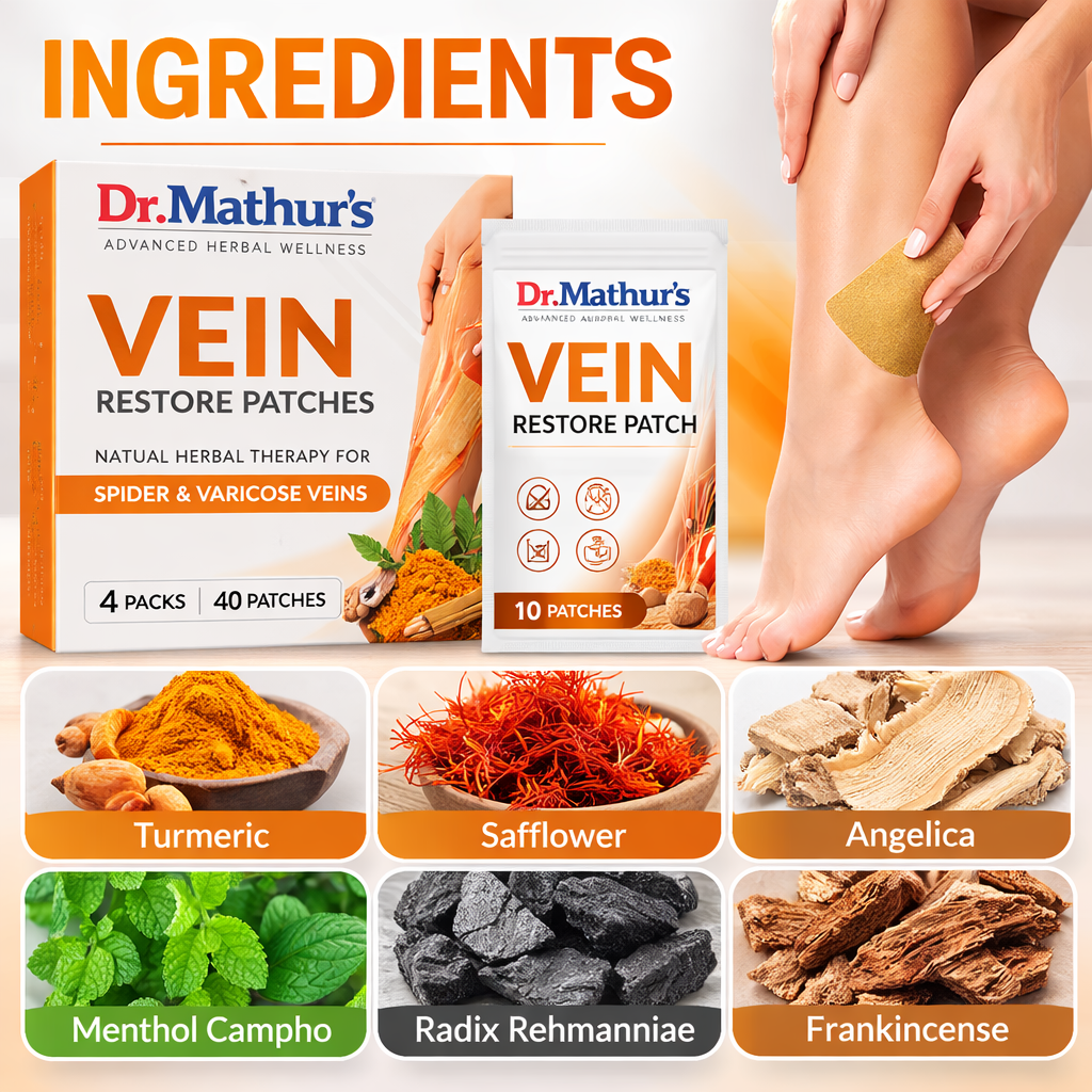 Dr. Mathur’s Vein Restore Patches™ | Natural Herbal Therapy for Spider & Varicose Veins, Swelling & Leg Fatigue